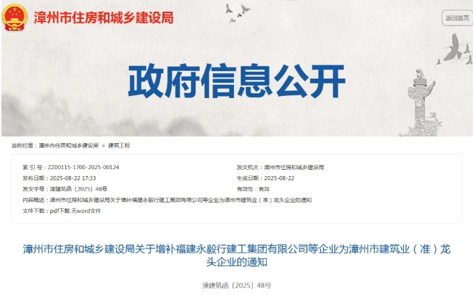 漳州：关于增补4建建筑企业为漳州市建筑业（准）龙头企业的通知
